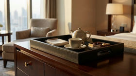 BAR TRAY W/ HANDLES LEATHERETTE - BLACK